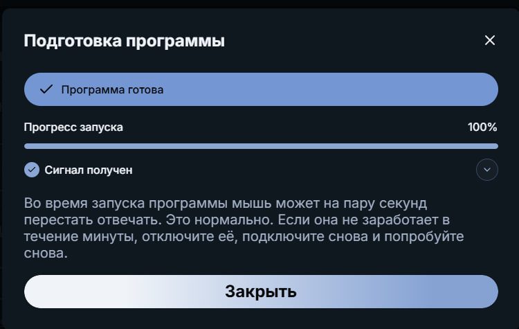 Окно подготовки программы со статусом «Программа готова» и прогрессом 100 процентов